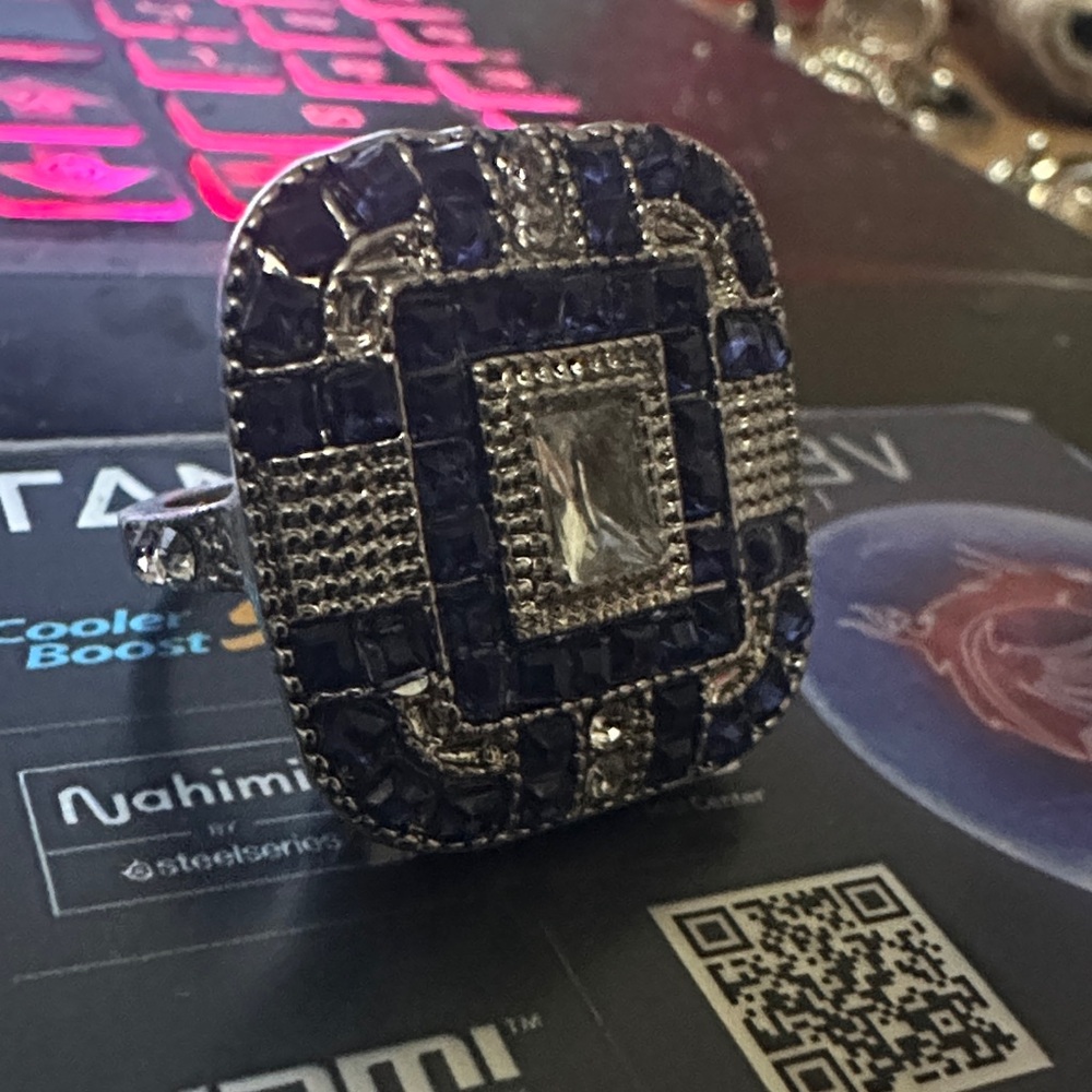 Elegant Silver and Blue Sapphire and clear cz ring unisex